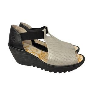 Fly London Yemo Silver Black Leather Wedge Sandals Size 10